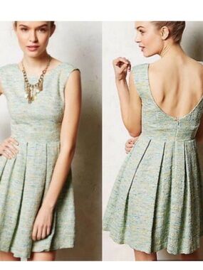 Paper Crown Anthropologie Parkside green tweed pleated sleeveless low back dress